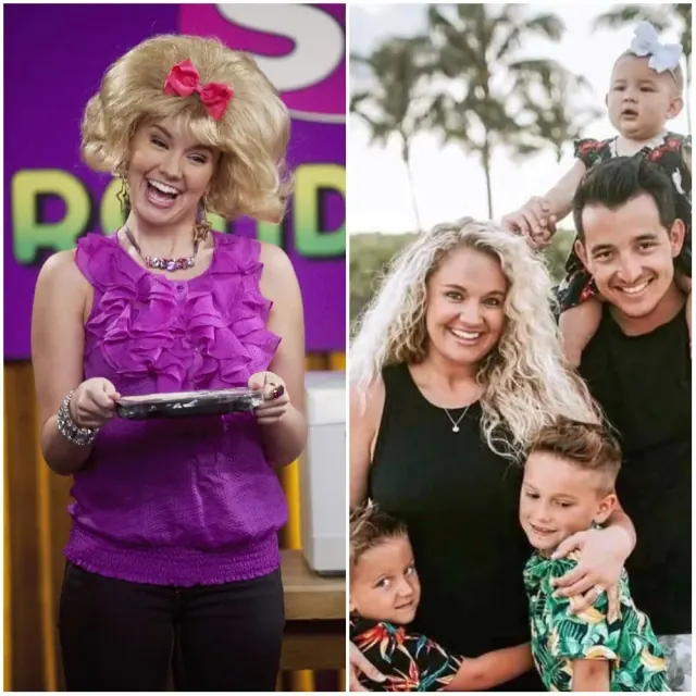 Tiffany Thornton in a bright pink Tawni Hart outfit beside an older family photograph