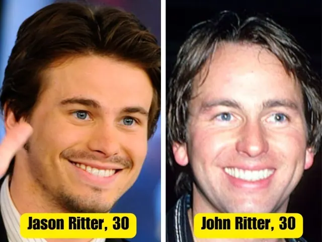 Jason Ritter and John Ritter smiling in separate portraits