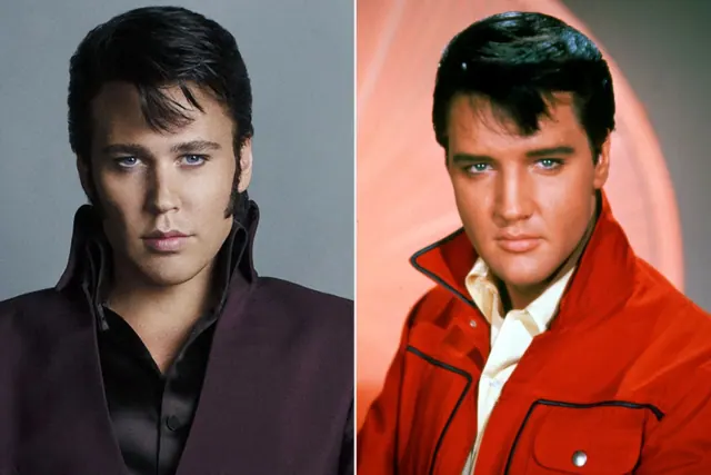 Composite comparing actor Austin Butler with Elvis Presley
