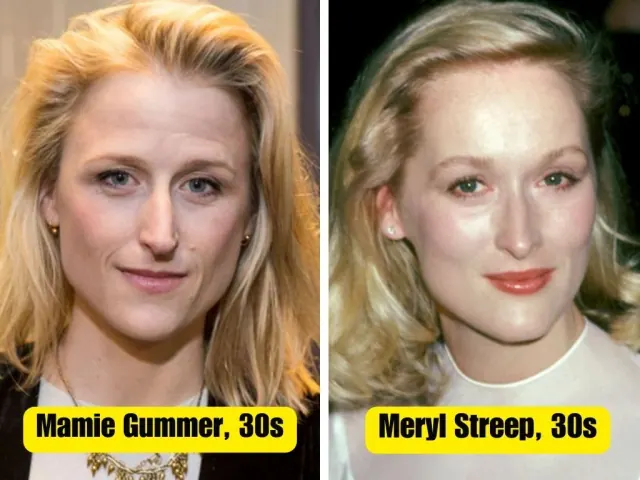 Mamie Gummer and Meryl Streep looking toward the camera in separate portraits