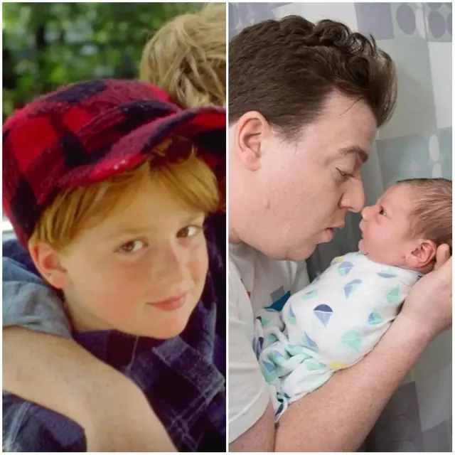 Danny Tamberelli as Little Pete beside a later photograph holding a baby