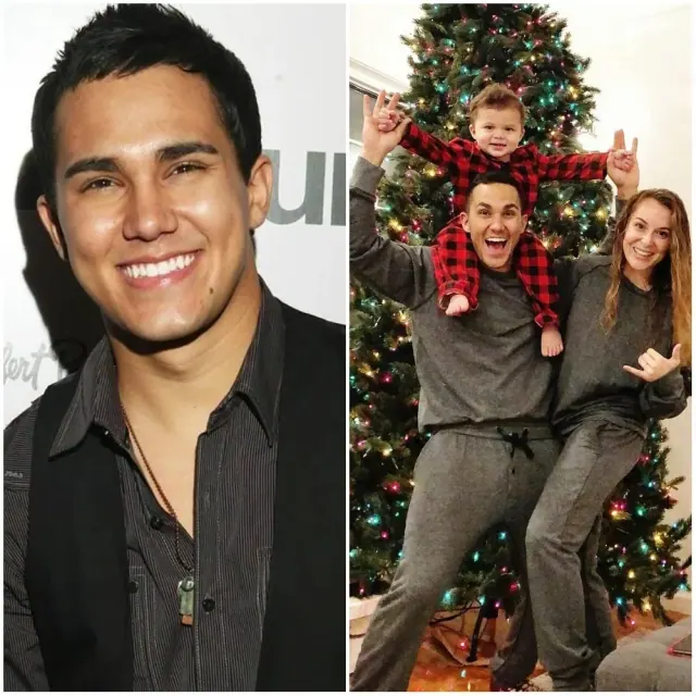 Carlos PenaVega in a portrait beside an older family photograph by a Christmas tree