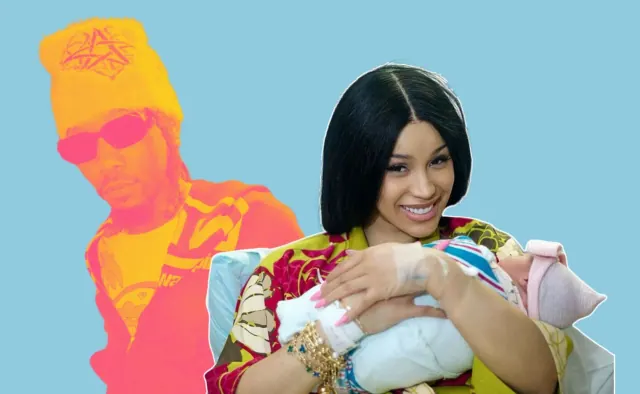 Composite illustration of Cardi B holding a baby and Offset