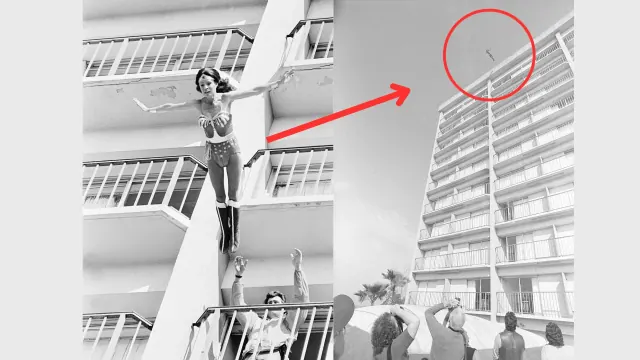 Kitty O'Neil during a high fall from a hotel; the original archive image includes an annotation.