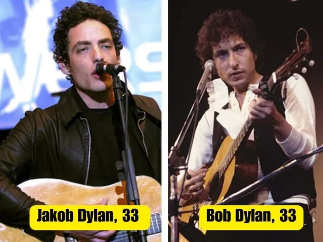 Jakob Dylan and Bob Dylan performing with microphones and guitars