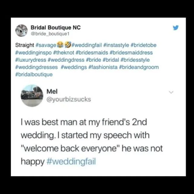 Bridal-account repost of Mel’s account of a second-wedding speech opening
