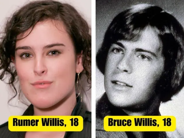 Rumer Willis beside a black-and-white portrait of Bruce Willis