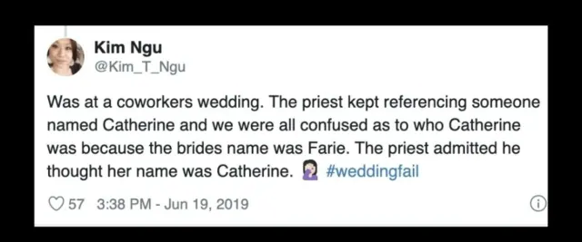 Archived Kim Ngu post describing an officiant using Catherine instead of the bride’s name Farie