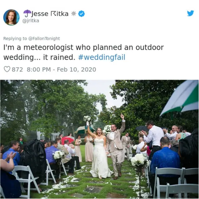 Archived meteorologist Jesse Ritka post above a couple walking outdoors with umbrellas among the guests