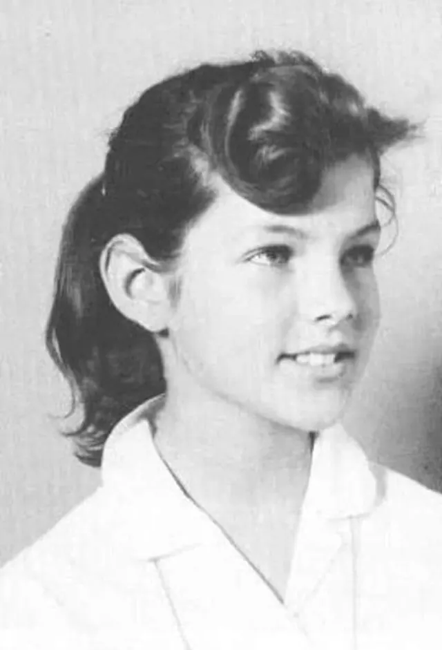 Black-and-white portrait of Priscilla as a schoolgirl