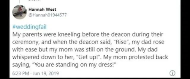 Archived Hannah West post about her father standing on her mother’s dress as they rose during the ceremony