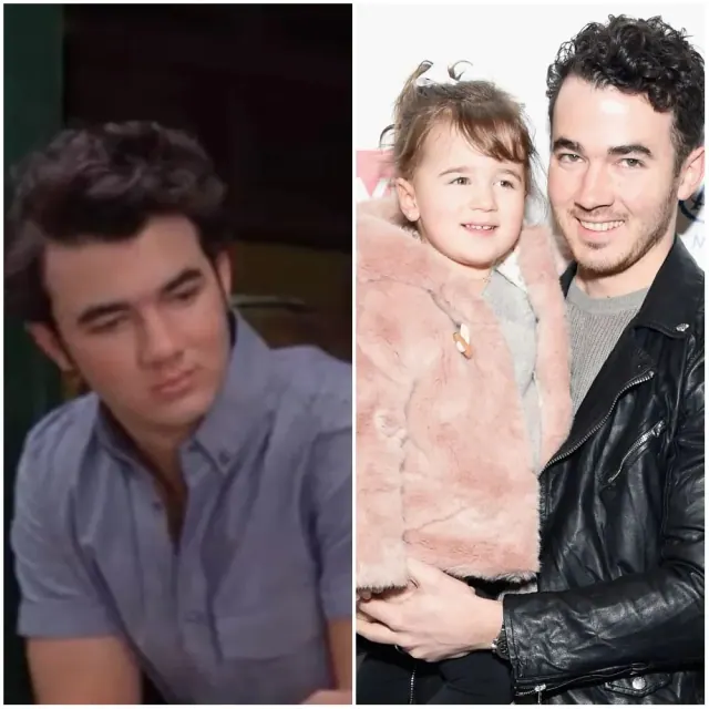 Kevin Jonas in an early television scene beside a later event photograph holding a child