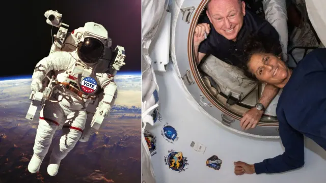 Composite of an astronaut outside a spacecraft and a crew member at a hatch