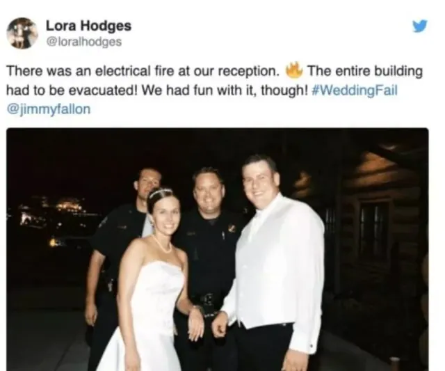 Archived Lora Hodges post about a reception evacuation above newlyweds posing with people in fire-service clothing