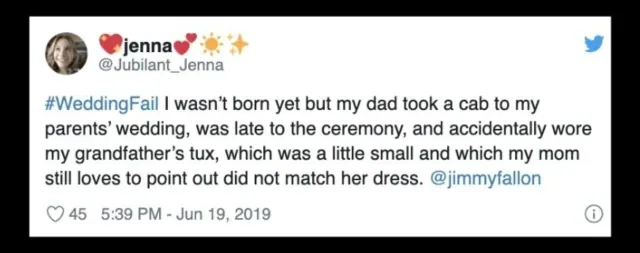 Archived Jenna post describing her father’s taxi arrival and accidentally borrowed tuxedo