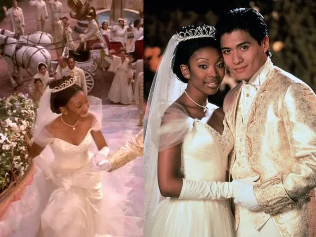 Composite of Brandy as Cinderella in formal gowns, including her bridal look beside Paolo Montalban