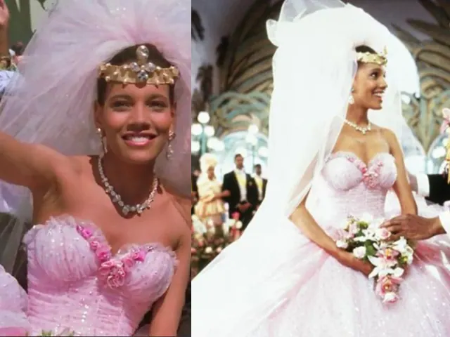 Two views of Shari Headley as Lisa in a pink royal wedding gown in Coming to America