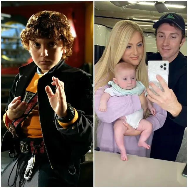 Daryl Sabara as Juni Cortez beside a later family selfie with Meghan Trainor and a baby