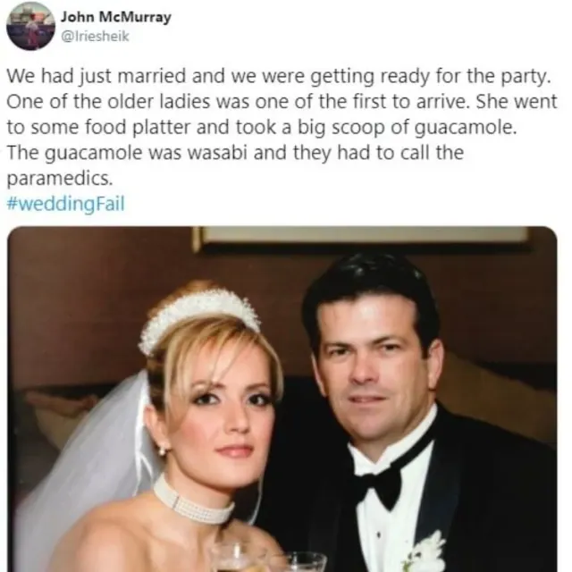 Archived John McMurray post about a wasabi mix-up above a formal wedding portrait