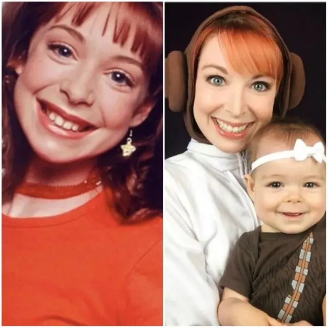 Lisa Foiles in an early television image beside a later photograph holding a baby