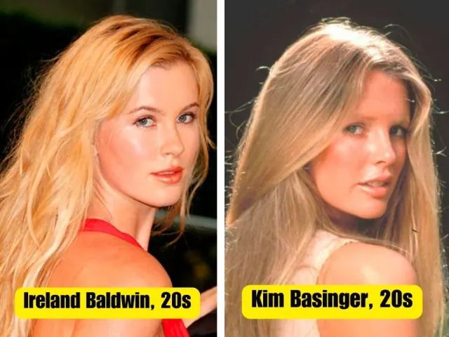 Ireland Baldwin and Kim Basinger with loose blond hair in separate portraits