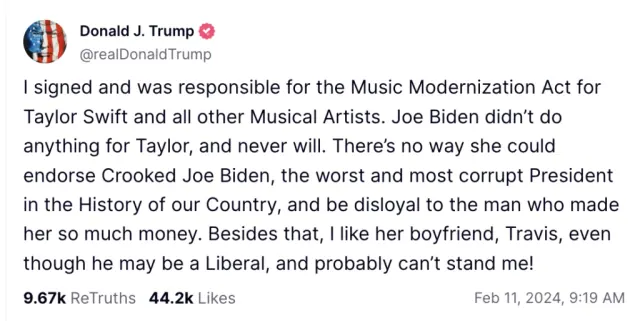 Donald Trump’s February 2024 Truth Social post about Taylor Swift