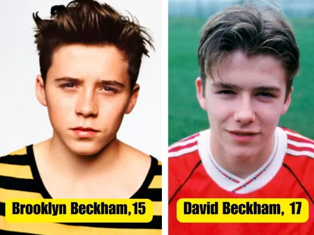 Brooklyn Beckham in a striped top beside David Beckham in a football shirt; differing printed ages unverified