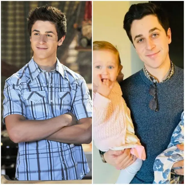 David Henrie as Justin Russo beside a later photograph with a child