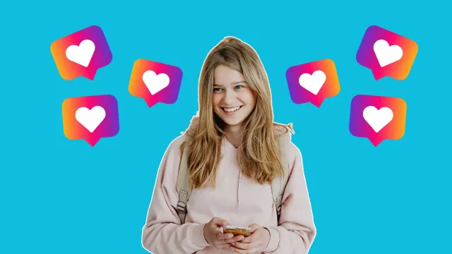 A teenage girl with blonde hair smiling at her smartphone with Instagram hearts surrounding her.