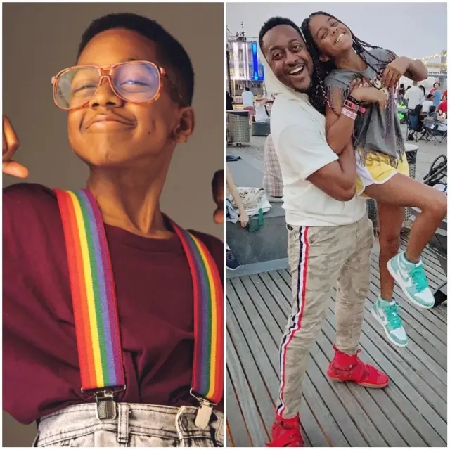 Jaleel White as Steve Urkel beside a later photograph carrying his daughter