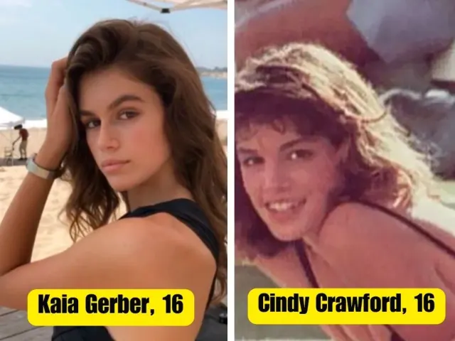 Kaia Gerber outdoors beside an older snapshot of Cindy Crawford; printed ages unverified