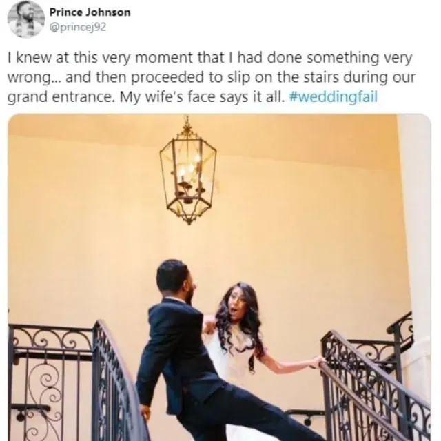 Archived Prince Johnson post above a stairway photograph catching a groom off balance