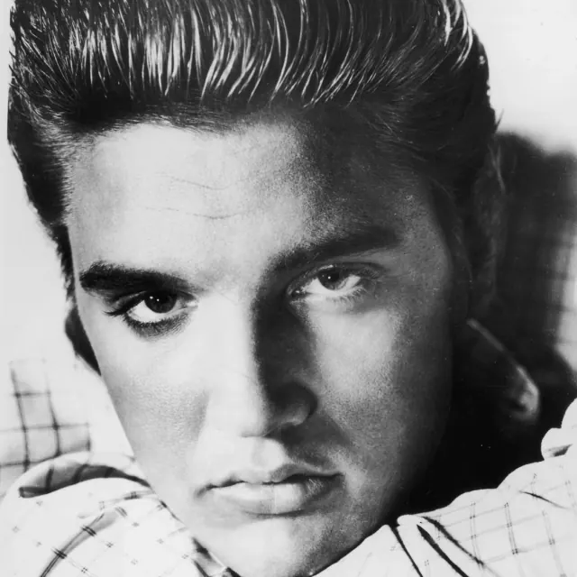Black-and-white portrait of Elvis Presley