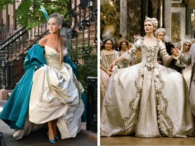 Composite of Carrie Bradshaw's teal-accented bridal look and a wedding scene from Marie Antoinette