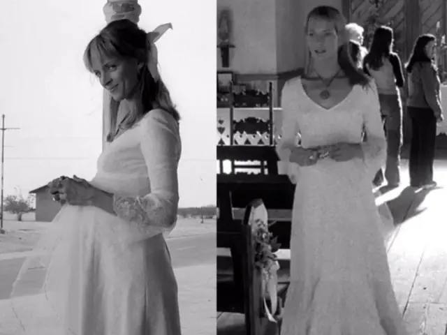 Two black-and-white views of Uma Thurman as Beatrix in a pale wedding rehearsal dress