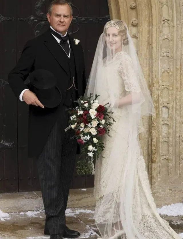 Laura Carmichael as Edith with her father before the Strallan wedding in Downton Abbey