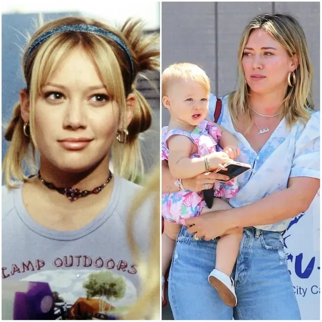 Hilary Duff as Lizzie McGuire beside an older photograph holding a child