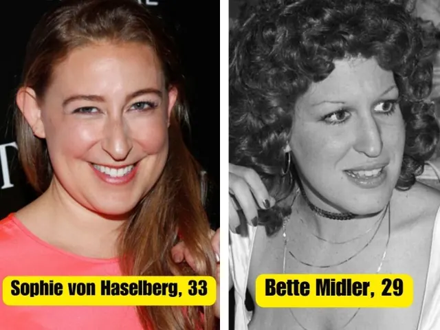 Sophie von Haselberg beside Bette Midler in black and white; differing printed ages unverified