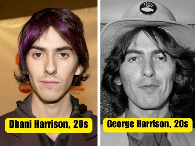 Dhani Harrison beside George Harrison wearing a peaked cap