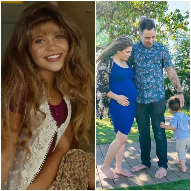 Danielle Fishel as Topanga beside an older outdoor family photograph