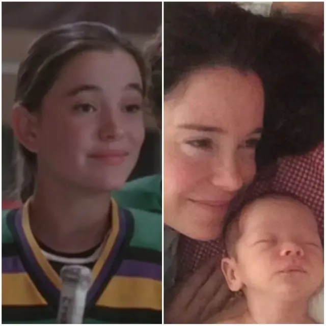 Marguerite Moreau as Connie in The Mighty Ducks beside a later photograph with a baby