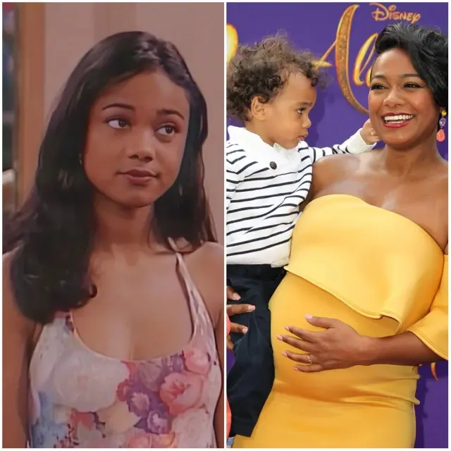 Tatyana Ali as Ashley Banks beside a later event photograph holding a child