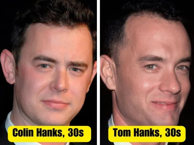 Colin Hanks and Tom Hanks in separate portraits with small smiles