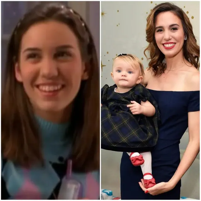 Christy Carlson Romano as Ren Stevens beside a later event photograph holding a baby