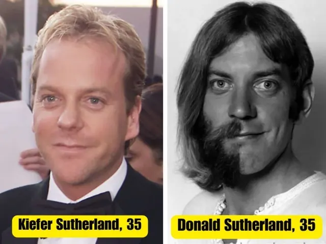 Kiefer Sutherland in a tie beside a black-and-white portrait of Donald Sutherland