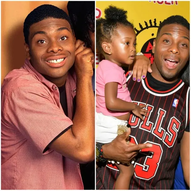 Kel Mitchell in an early television portrait beside a later event photograph holding a child