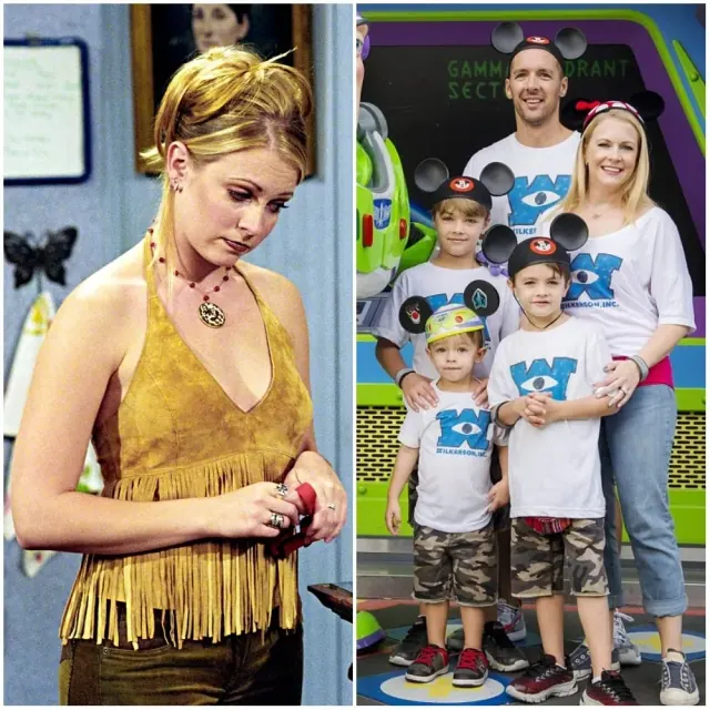 Melissa Joan Hart as Sabrina beside an older family event photograph
