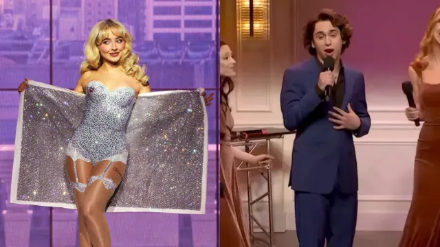 Sabrina Carpenter performs onstage during the Sabrina Carpenter Short n’ Sweet Tour at Barclays Center on September 30, 2024 in New York City next to a photo of Domingo singing a song for 'SNL'