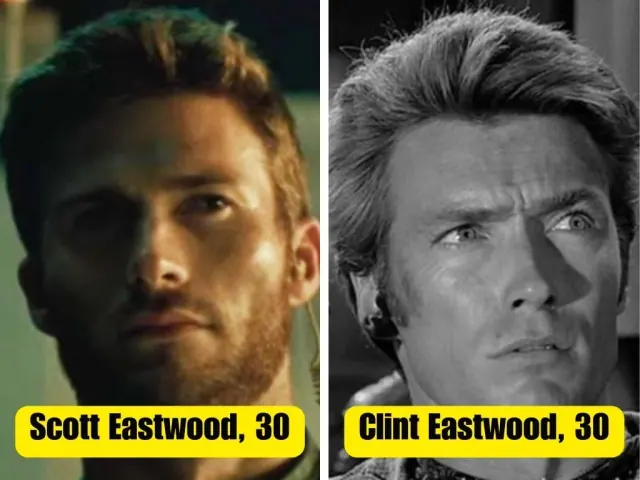 Archive composite pairing Scott Eastwood in color with Clint Eastwood in black and white; printed ages unverified