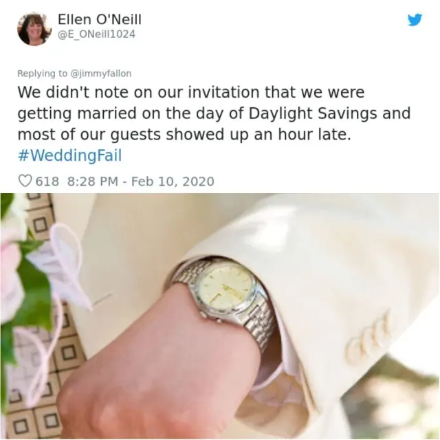 Archived Ellen O’Neill daylight-saving account paired with a close-up wedding watch photograph
